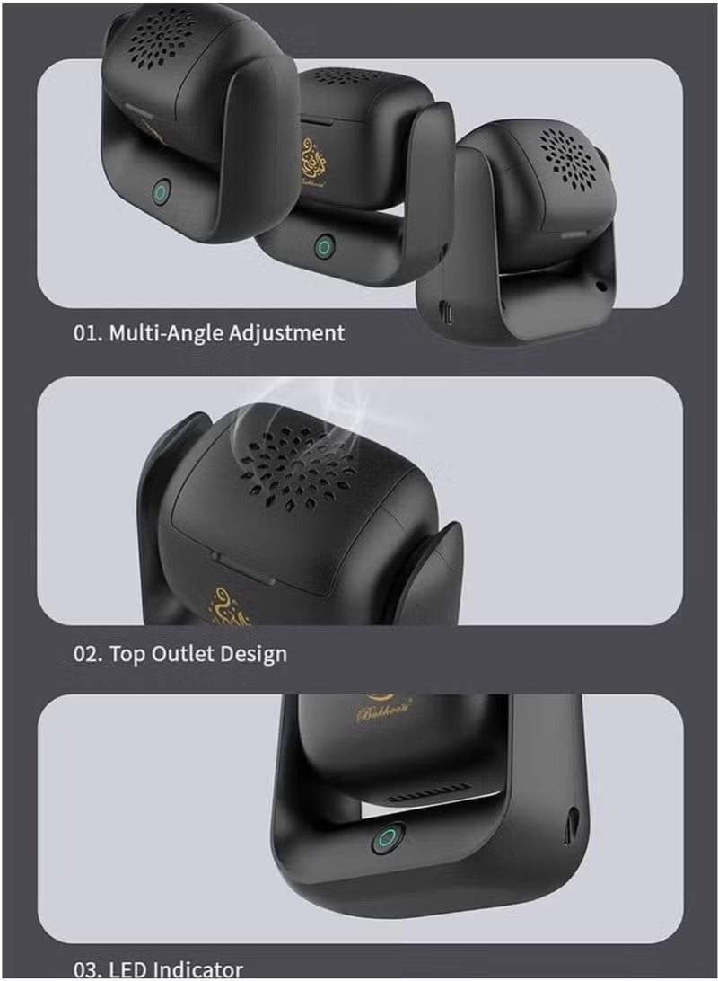 بخون مبخرة كهربائية محمولة - موزع بخور قابل لإعادة الشحن عبر منفذ USB من النوع C، مزود ببطارية 1500 مللي أمبير، تسخين سريع حتى 700 درجة مئوية، تصميم دوار ومؤشر LED للاستخدام في السيارة والمنزل - Image 4