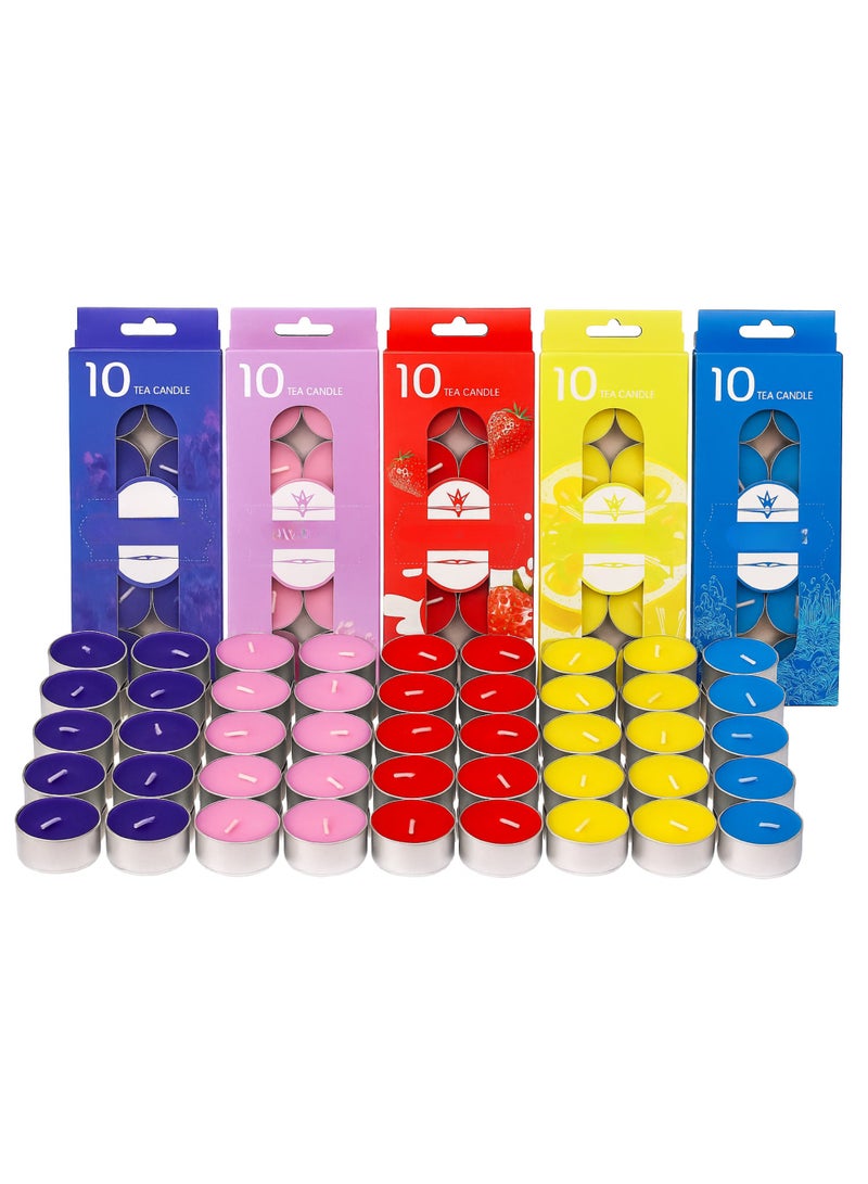 Fine Productions شموع الشاي 50 قطعة شمعة لحفلات الزفاف والحفلات والأعياد والمناسبات الدينية 5 ألوان كل لون 10 قطع - Image 1