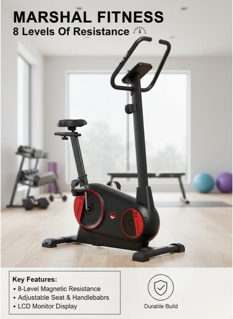 Marshal Fitness Upright Exercise Bike - 8 Resistance Levels & LCD Display - Image 1