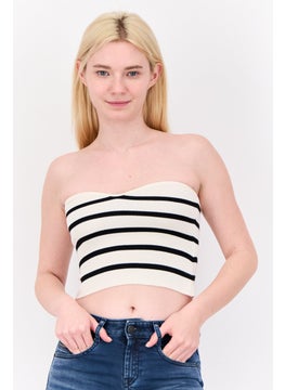 Women Sweetheart Neckline Strapless Stripe Tube Top, Off White/Black