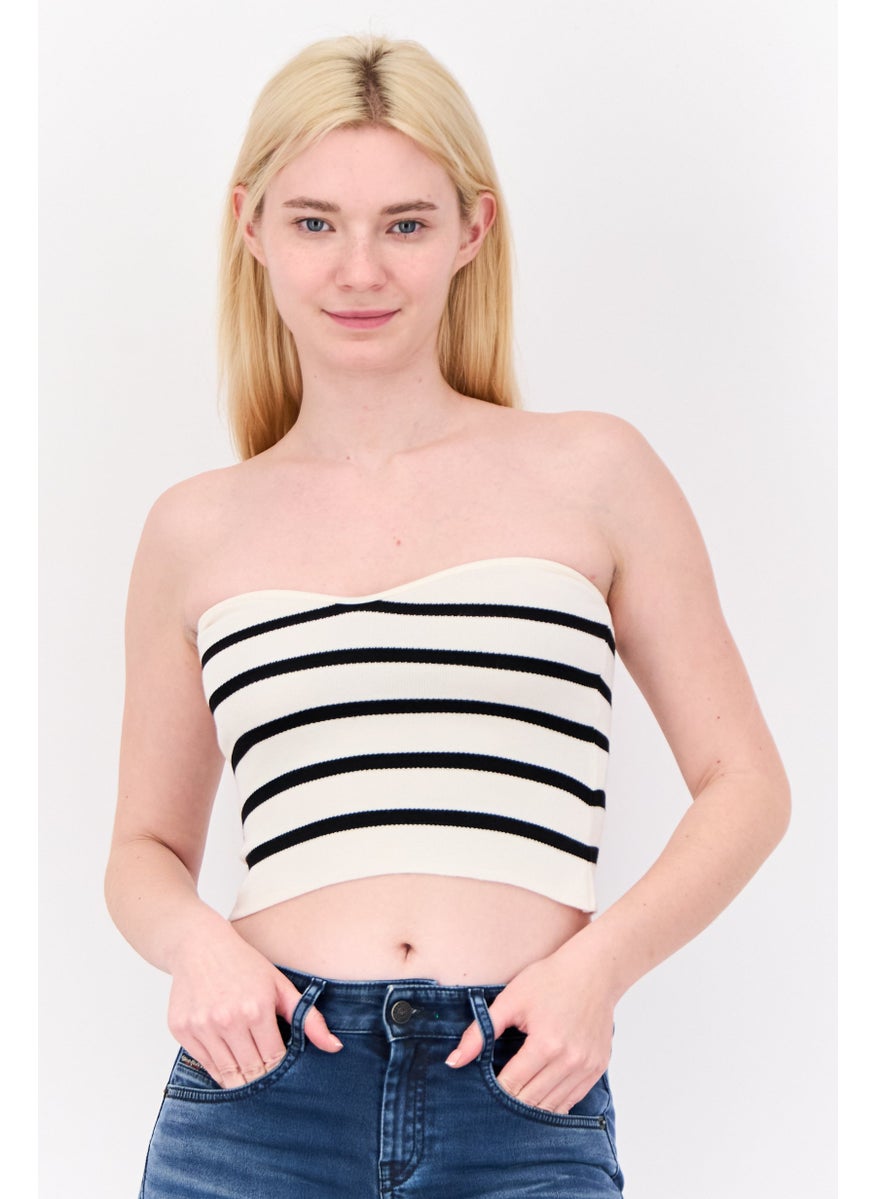 Don't Call Me Jennyfer - Women Sweetheart Neckline Strapless Stripe Tube Top, Off White/Black - Image 1