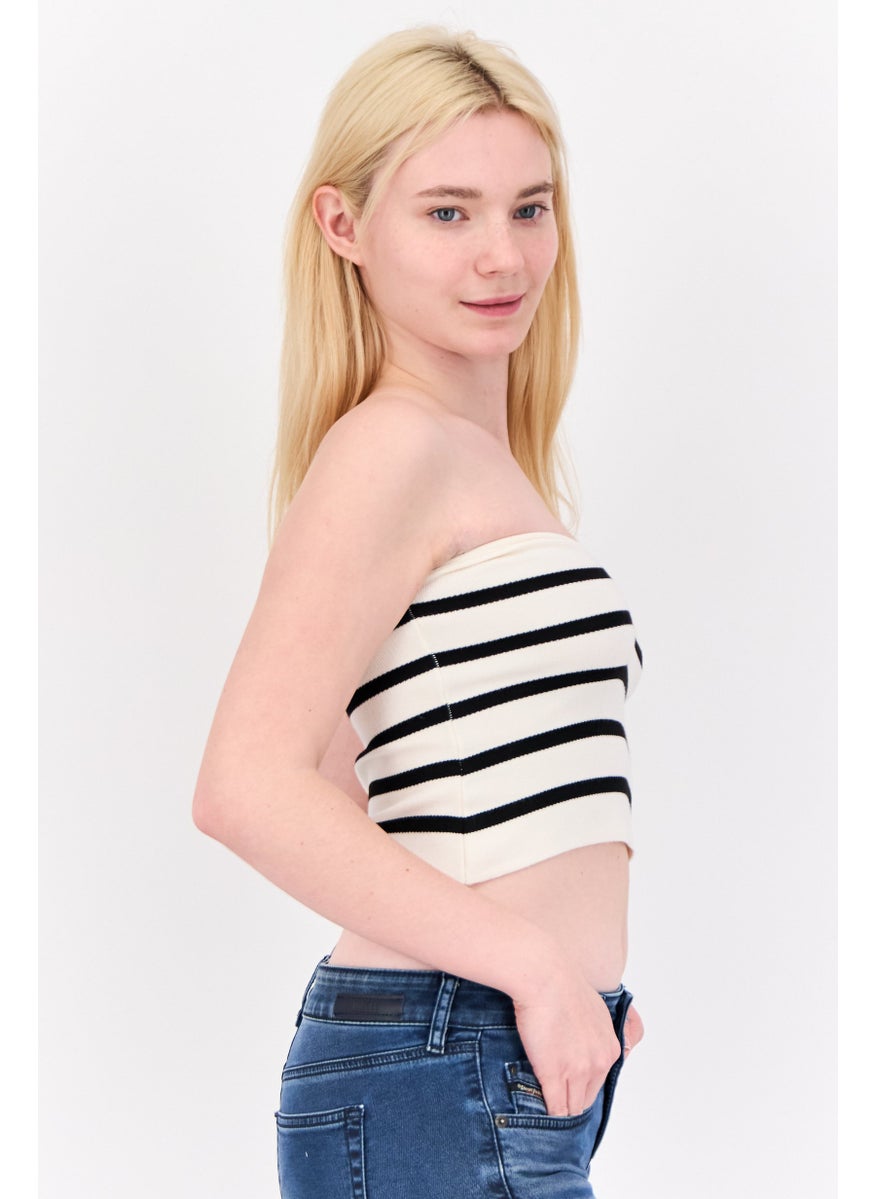 Don't Call Me Jennyfer - Women Sweetheart Neckline Strapless Stripe Tube Top, Off White/Black - Image 1