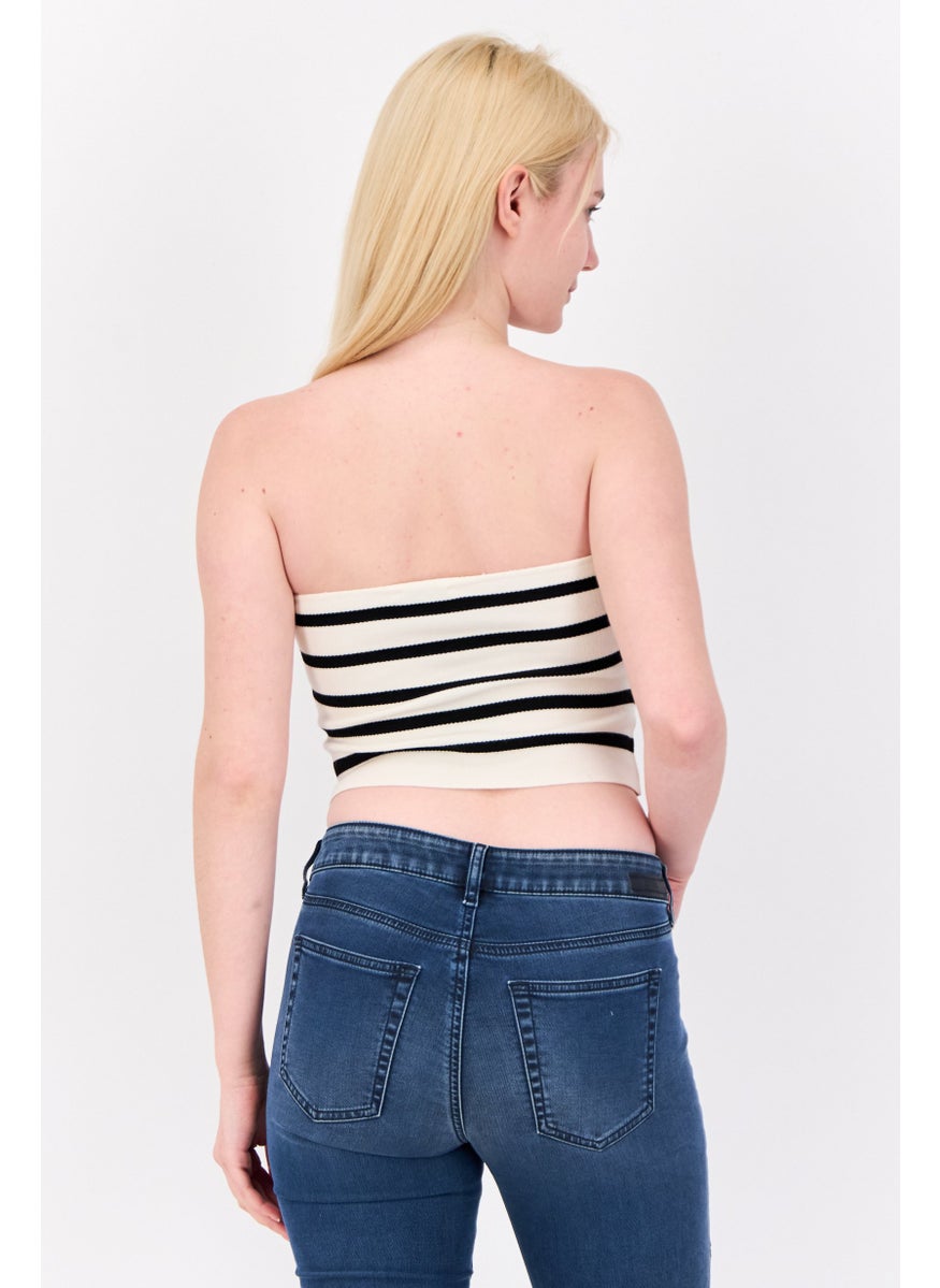 Don't Call Me Jennyfer - Women Sweetheart Neckline Strapless Stripe Tube Top, Off White/Black - Image 1