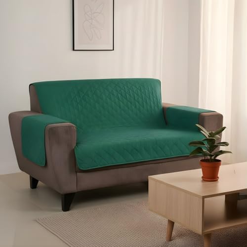 Home Nilkamal @Home Solid Polyester 2 Seater Sofa Cover | Reversible & Quilted Sofa Cover | Washable Couch Cover with Non Slip Foam| Set of 1-179 x 223 cm | Emerald & Light Green - Image 1