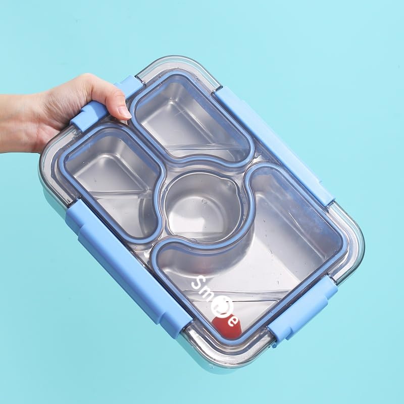 Nabhya 3 Compartment Thermal Insulation Stainless Steel Lunch Box for Kids, Tiffin Box, with Spoon and Fork Lid Leak Proof, Lunch Box for Office Women and Men (100% Leak Proof) (Blue) - Image 1