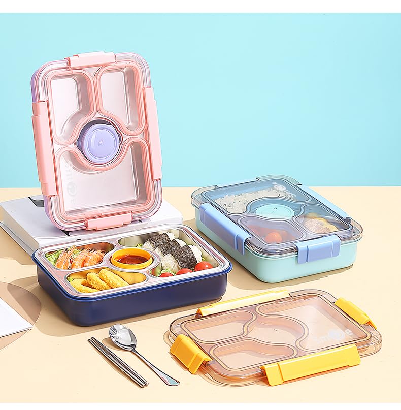 Nabhya 3 Compartment Thermal Insulation Stainless Steel Lunch Box for Kids, Tiffin Box, with Spoon and Fork Lid Leak Proof, Lunch Box for Office Women and Men (100% Leak Proof) (Blue) - Image 3