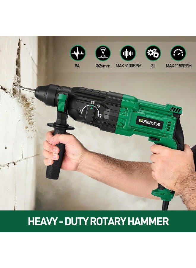 WorkBless SDS-Plus 1" Rotary Hammer Drill, 8 AMP, Lightweight Corded Version for Concrete Demolition Chipping, 5 SDS-Plus Bits - Image 2