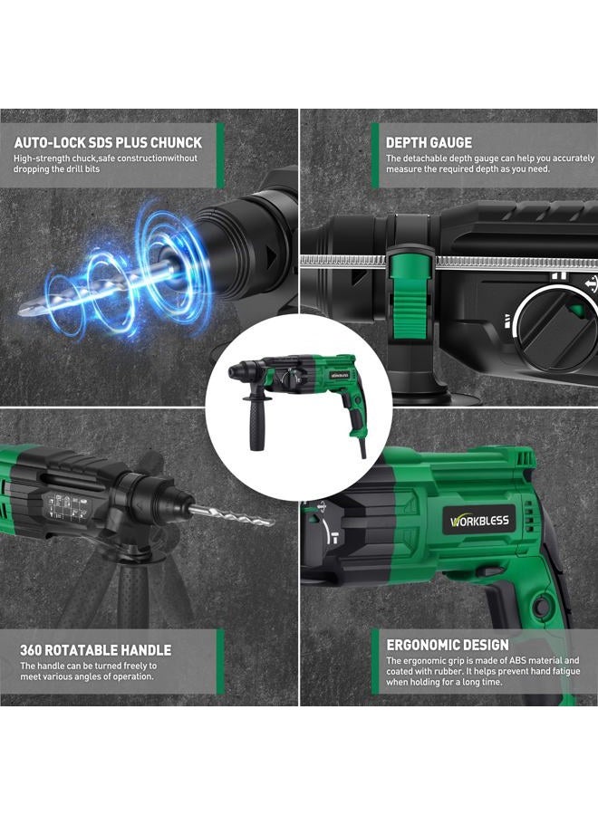 WorkBless SDS-Plus 1" Rotary Hammer Drill, 8 AMP, Lightweight Corded Version for Concrete Demolition Chipping, 5 SDS-Plus Bits - Image 4