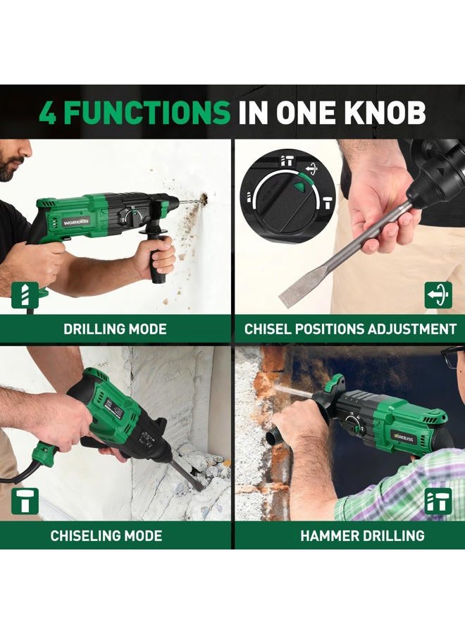 WorkBless SDS-Plus 1" Rotary Hammer Drill, 8 AMP, Lightweight Corded Version for Concrete Demolition Chipping, 5 SDS-Plus Bits - Image 3