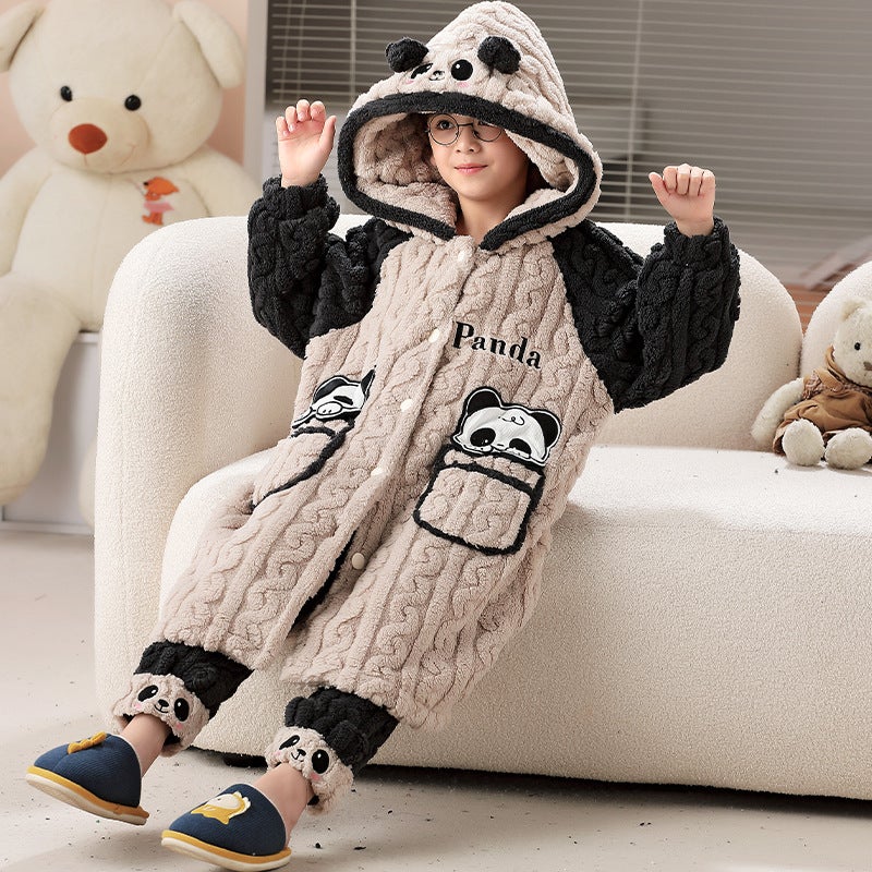 Children'S Nightgown Men'S Coral Fleece Fleece-Lined Thickened Youth Boys' Boys' Bathrobe Pajamas - Image 1