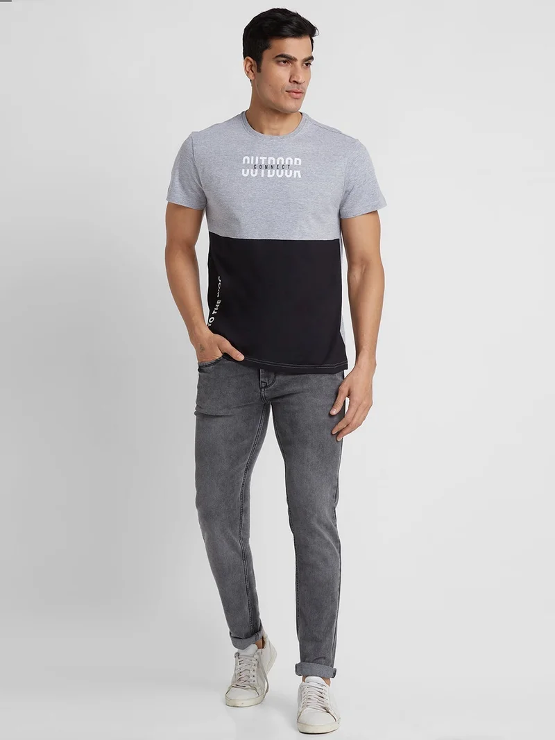 globus Globus Men Grey Melange Printed Round Neck Cotton Regular Fit Casual T-shirt