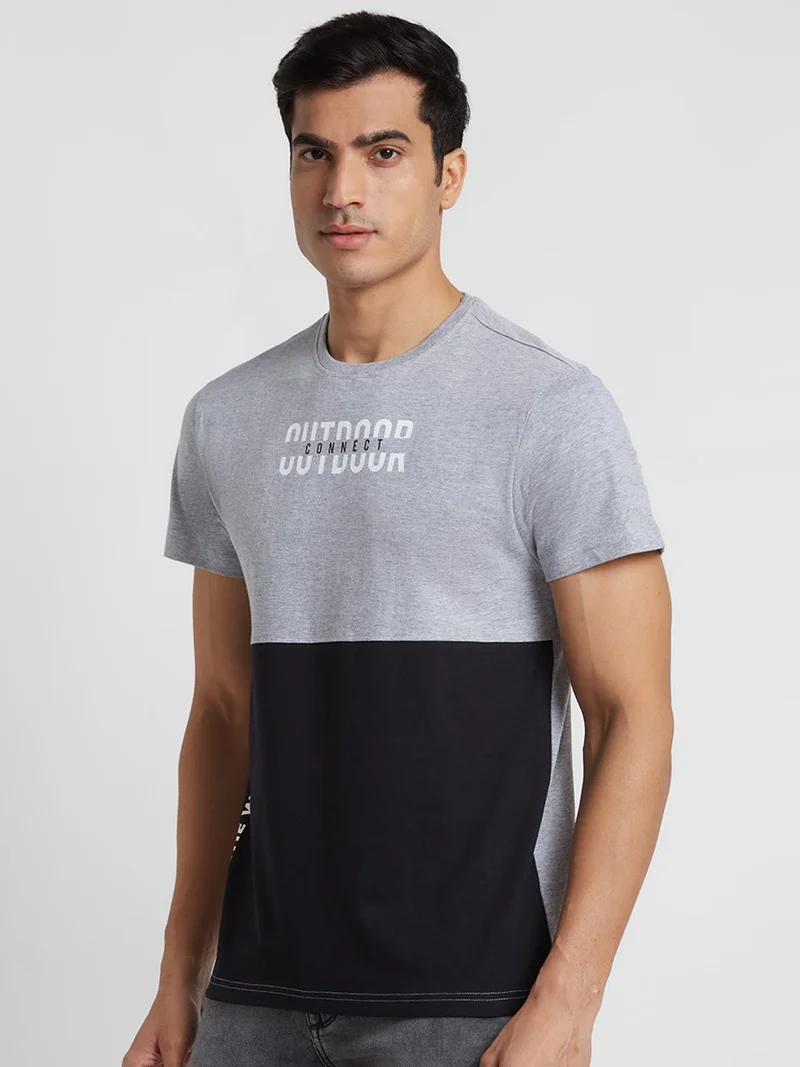 globus Globus Men Grey Melange Printed Round Neck Cotton Regular Fit Casual T-shirt