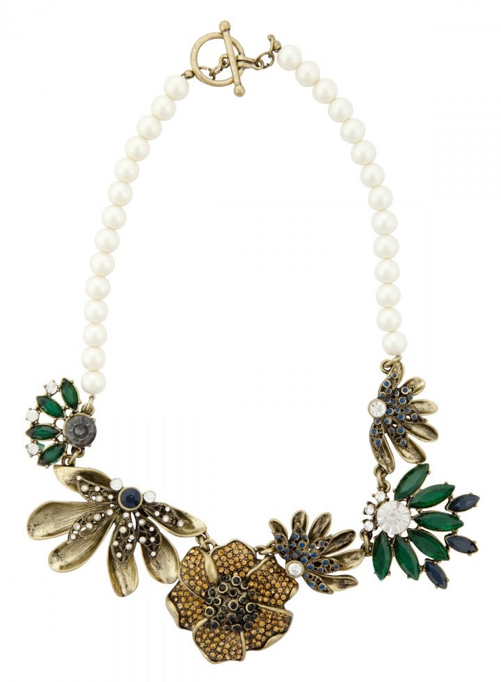 Floral Collar Necklace for Women Girls, Beautiful White Pearl Design Luxury Statement Piece, Fashion Jewelry Timeless Accessory Green Blue Black Stones and Crystals, Gift Ideas  - Image 1