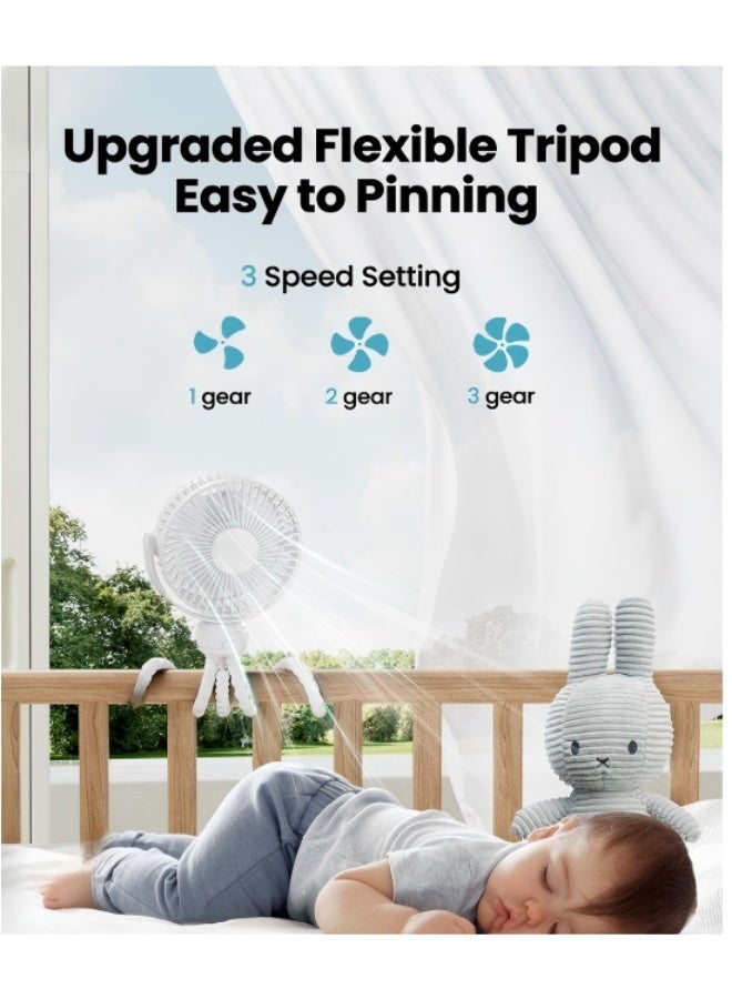 Mini Portable Stroller Fan, Battery Operated Small Clip On, Detachable 3 Speed Rechargeable, 360° Rotate Flexible Tripod Better Cooling for Car Seat Crib Treadmill Travel White - Image 3