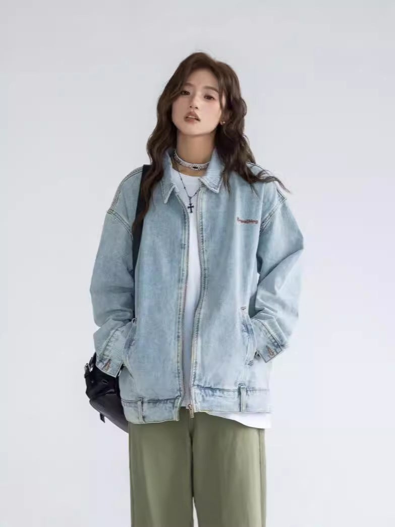 American Style Vintage Antique Washed Embroidered Denim Jacket For Men And Women Autumn Vintage Antique Casual Couple Jacket - Image 3