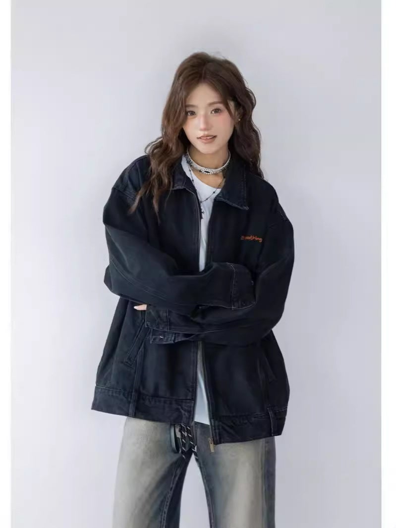 American Style Vintage Antique Washed Embroidered Denim Jacket For Men And Women Autumn Vintage Antique Casual Couple Jacket - Image 2