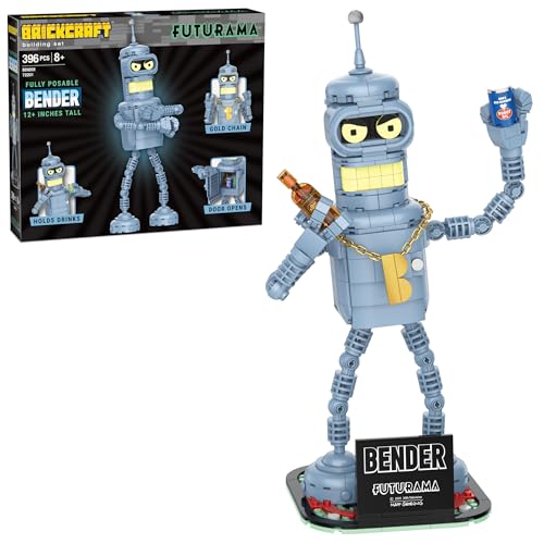 Brickcraft Futurama Bender Brick Building Kit  396Piece Posable Robot Figure with Gold Chain  Drinks  SciFi Collectible Display Model Holiday for Adults Teens  Animated TV Fans - Image 1