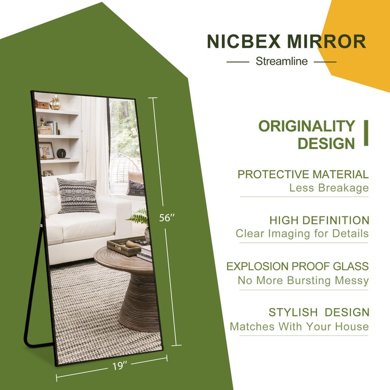 NicBex Full Length Mirror with Stand, 56"x19" Aluminum Alloy Frame Floor Mirror, Black, Shatter-Proof Glass - Free Standing, Leaning Against Wall or Wall-Mounted, for Bedroom Living Room Dressing Room - Image 5