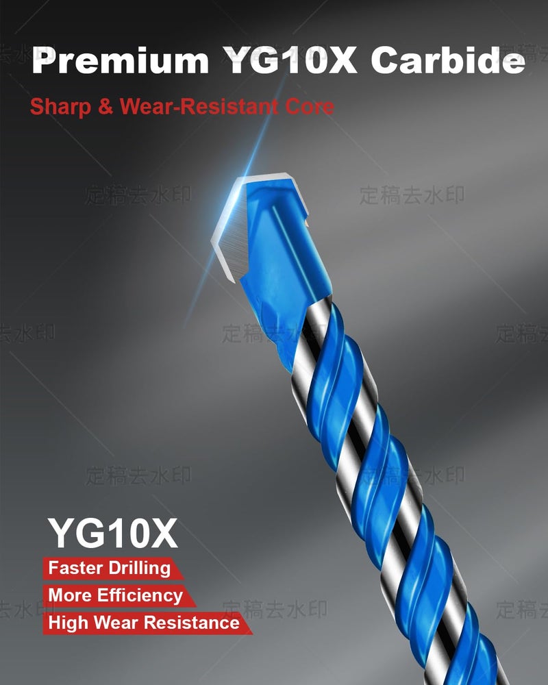 Wuqazu 10PCS 6-Inch Masonry Drill Bit Set, YG10X Carbide Hex Shank, 5/32"-1/2" Shockproof Drill Bits for Home Improvement & DIY Projects, Heavy-Duty for Concrete/Tile/Brick/Cement/Glass - Image 4