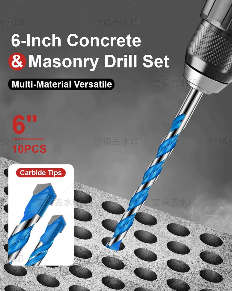 Wuqazu 10PCS 6-Inch Masonry Drill Bit Set, YG10X Carbide Hex Shank, 5/32"-1/2" Shockproof Drill Bits for Home Improvement & DIY Projects, Heavy-Duty for Concrete/Tile/Brick/Cement/Glass - Image 2