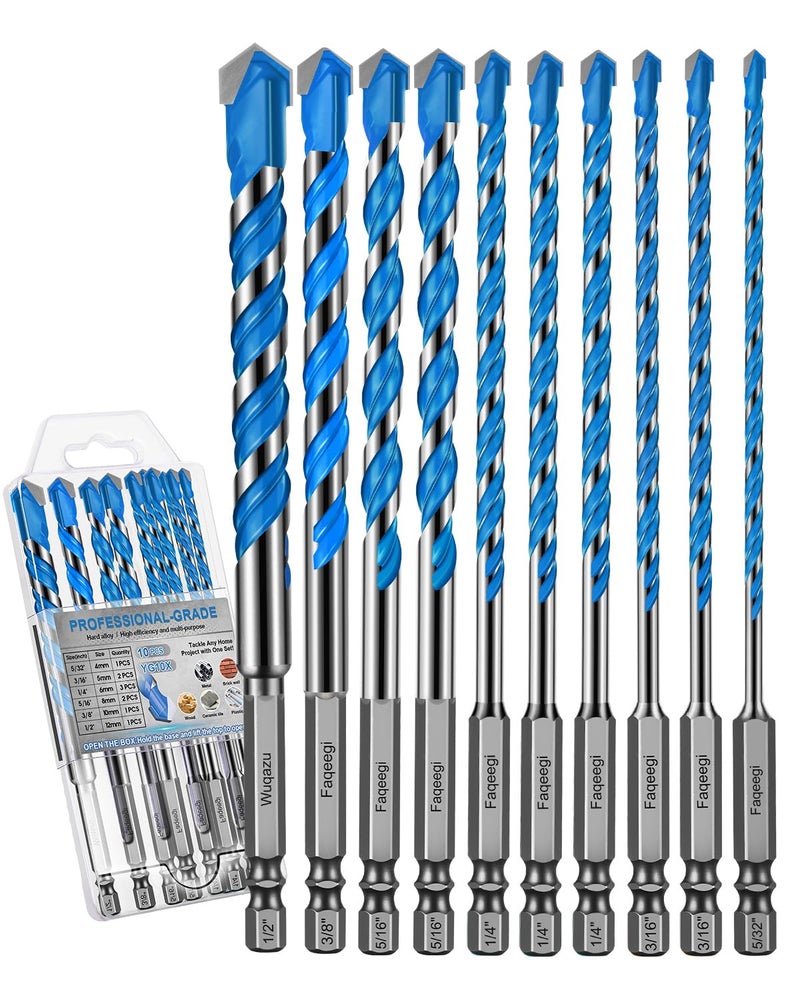 Wuqazu 10PCS 6-Inch Masonry Drill Bit Set, YG10X Carbide Hex Shank, 5/32"-1/2" Shockproof Drill Bits for Home Improvement & DIY Projects, Heavy-Duty for Concrete/Tile/Brick/Cement/Glass - Image 1