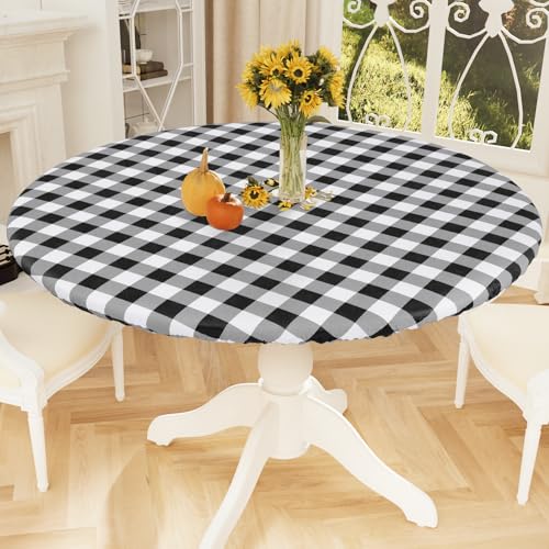 Smiry Round Picnic Tablecloth, Elastic Waterproof Fitted Vinyl Tablecloths for 45"-56" Tables, Flannel Backed Buffalo Plaid Table Cover for Dining, Camping, Outdoor, Black and White - Image 1