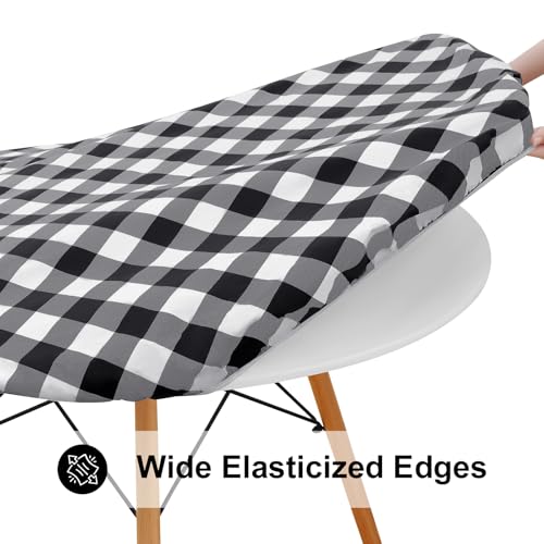 Smiry Round Picnic Tablecloth, Elastic Waterproof Fitted Vinyl Tablecloths for 45"-56" Tables, Flannel Backed Buffalo Plaid Table Cover for Dining, Camping, Outdoor, Black and White - Image 2