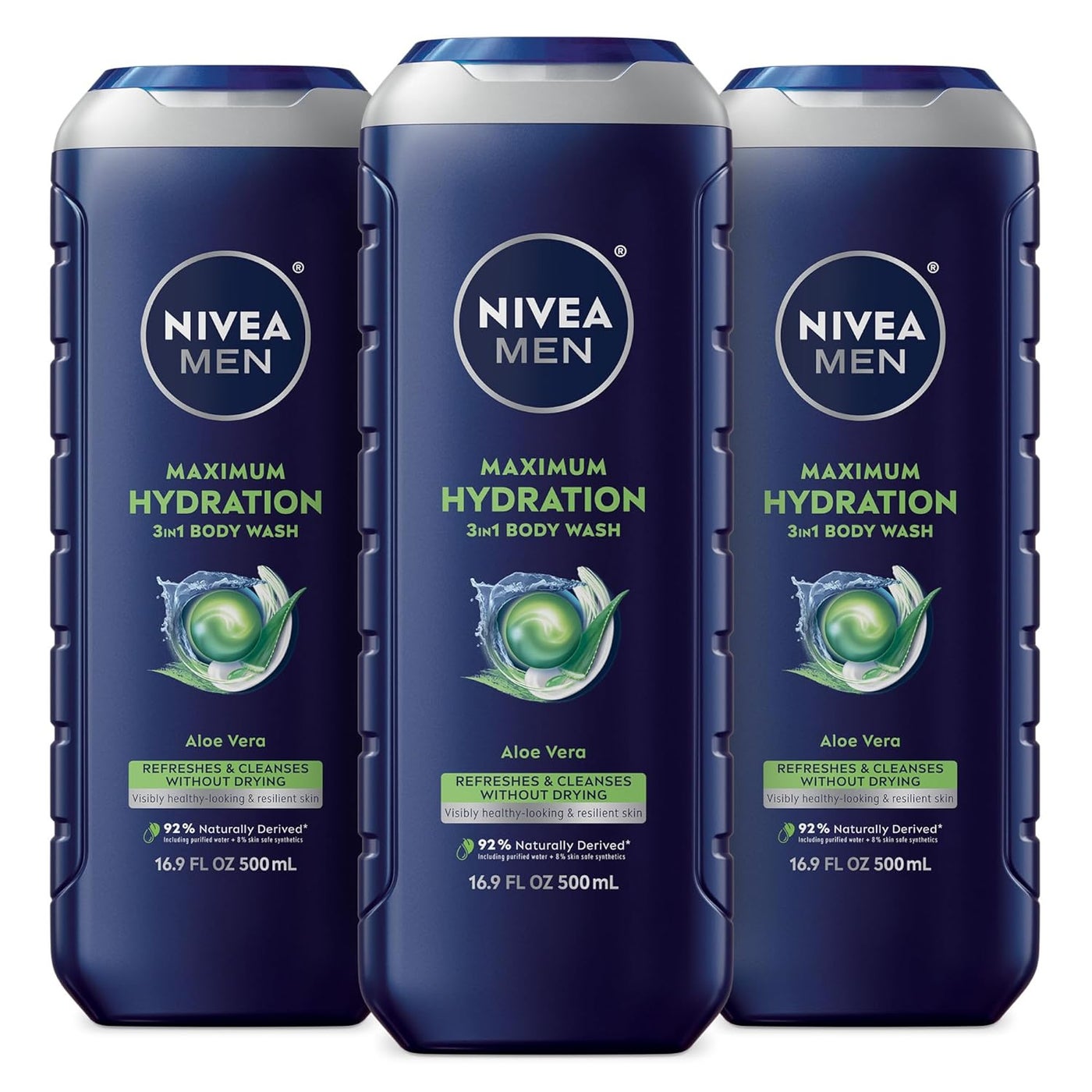 NIVEA MEN Maximum Hydration Body Wash for Dry Skin Aloe Vera Enriched 3in1 Moisturizing Body Wash Face and Hair Paraben Free Vegan Formula 169 Fl Oz Bottle Pack of 3