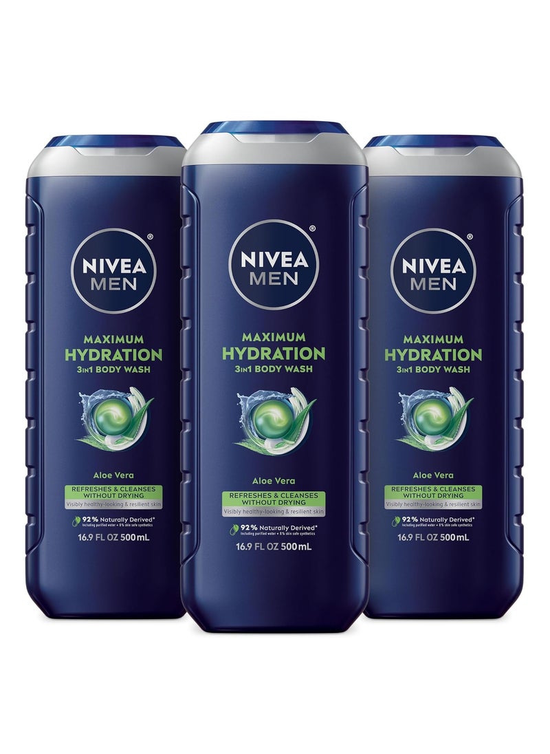 NIVEA MEN - NIVEA MEN Maximum Hydration Body Wash for Dry Skin Aloe Vera Enriched 3in1 Moisturizing Body Wash Face and Hair Paraben Free Vegan Formula 169 Fl Oz Bottle Pack of 3 - Image 1