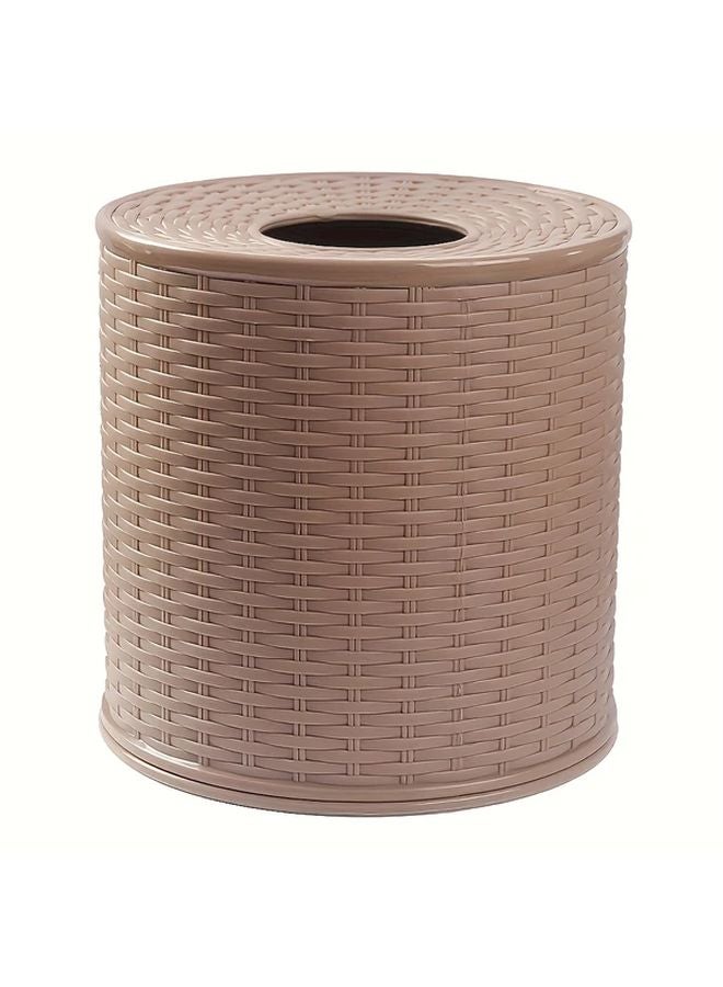 Dark Brown Round Plastic Tissue Roll Holder Imitation Rattan Design For Home Bathroom - Image 1