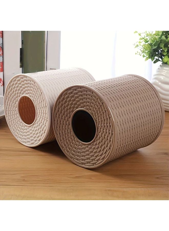 Dark Brown Round Plastic Tissue Roll Holder Imitation Rattan Design For Home Bathroom - Image 3