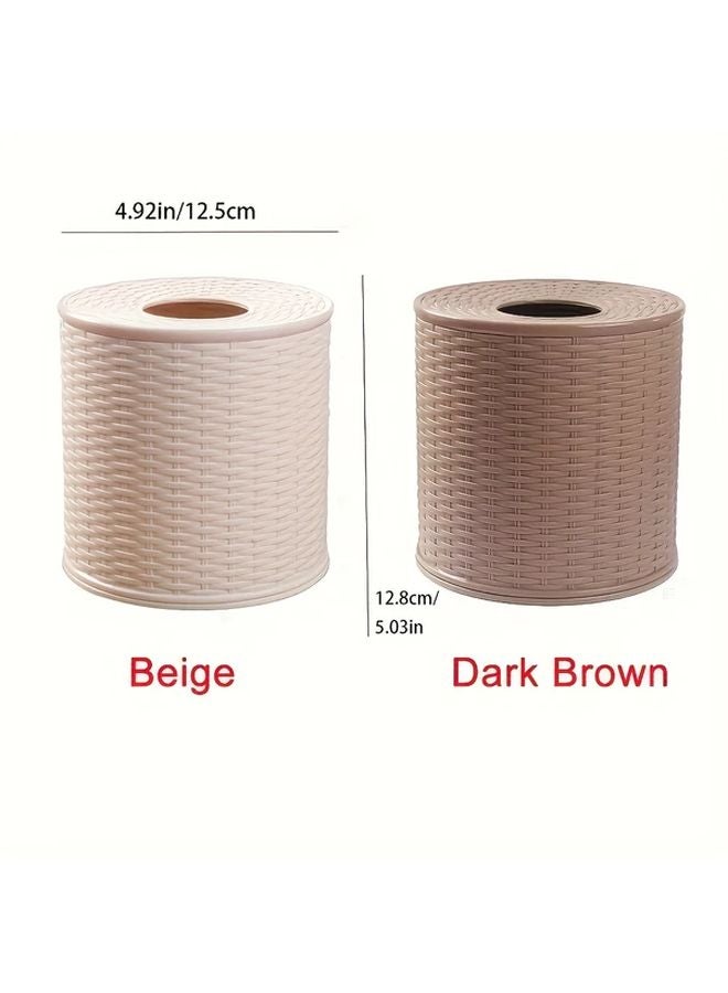 Dark Brown Round Plastic Tissue Roll Holder Imitation Rattan Design For Home Bathroom - Image 4