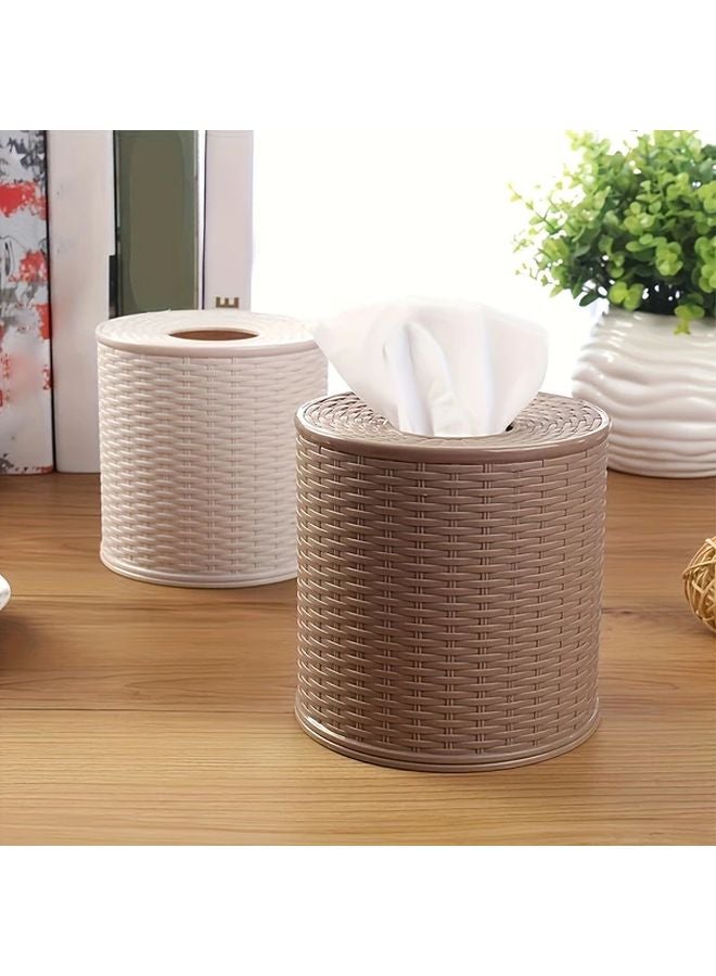 Dark Brown Round Plastic Tissue Roll Holder Imitation Rattan Design For Home Bathroom - Image 2