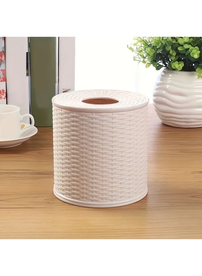 Dark Brown Round Plastic Tissue Roll Holder Imitation Rattan Design For Home Bathroom - Image 5