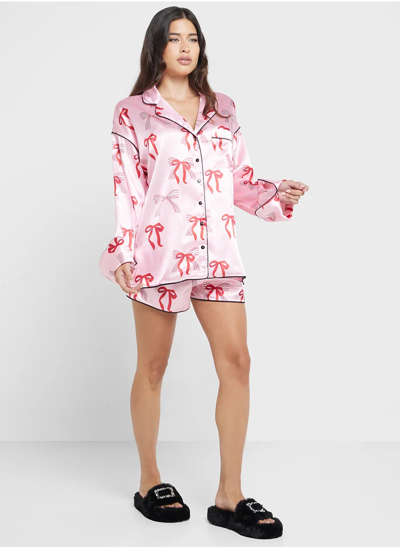 جينجر Satin Bow Print Button Down Shirt & Short Pj Set