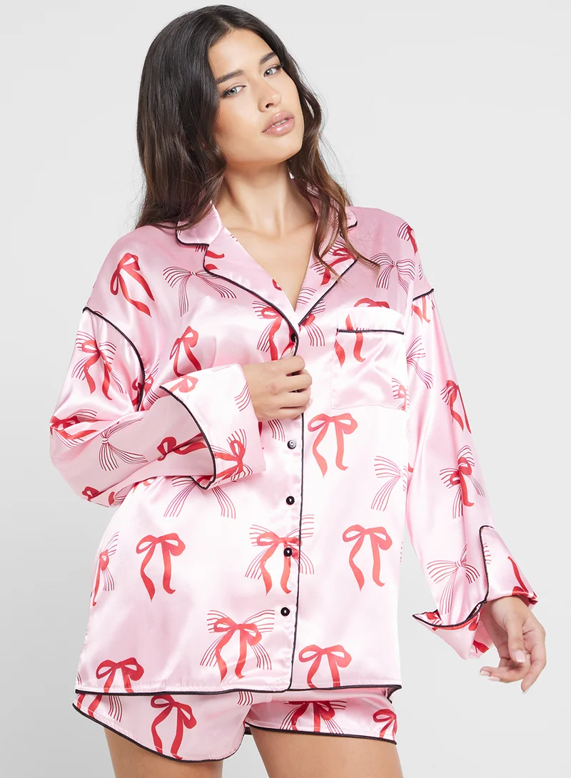 Ginger Satin Bow Print Button Down Shirt & Short Pj Set