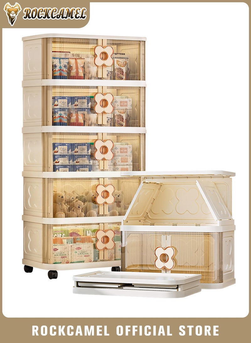 ROCKCAMEL خزانة تخزين متعددة الوظائف قابلة للطي، ذات صناديق بلاستيكية قابلة للتراص بخمس طبقات، مزودة بعجلات متعددة الاتجاهات وأبواب شفافة، تُستخدم كخزانة للألعاب أو وجبات خفيفة أو رف كتب، مناسبة للمكتب المنزلي (60*36*145 سم). - Image 1