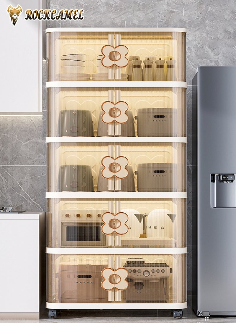 ROCKCAMEL خزانة تخزين متعددة الوظائف قابلة للطي، ذات صناديق بلاستيكية قابلة للتراص بخمس طبقات، مزودة بعجلات متعددة الاتجاهات وأبواب شفافة، تُستخدم كخزانة للألعاب أو وجبات خفيفة أو رف كتب، مناسبة للمكتب المنزلي (60*36*145 سم). - Image 3