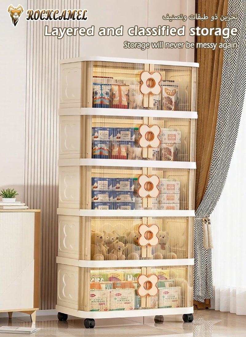ROCKCAMEL خزانة تخزين متعددة الوظائف قابلة للطي، ذات صناديق بلاستيكية قابلة للتراص بخمس طبقات، مزودة بعجلات متعددة الاتجاهات وأبواب شفافة، تُستخدم كخزانة للألعاب أو وجبات خفيفة أو رف كتب، مناسبة للمكتب المنزلي (60*36*145 سم). - Image 4