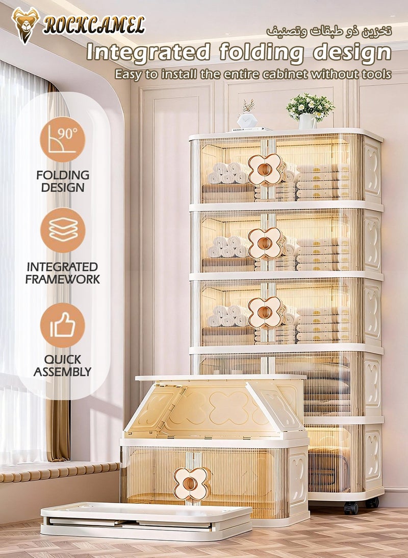 ROCKCAMEL خزانة تخزين متعددة الوظائف قابلة للطي، ذات صناديق بلاستيكية قابلة للتراص بخمس طبقات، مزودة بعجلات متعددة الاتجاهات وأبواب شفافة، تُستخدم كخزانة للألعاب أو وجبات خفيفة أو رف كتب، مناسبة للمكتب المنزلي (60*36*145 سم). - Image 5