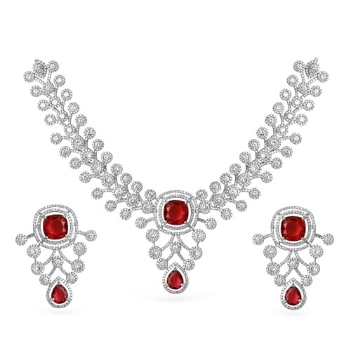 Rubans Womens Silver-Plated Ruby Red & White Cubic Zirconia Studded Premium Jewellery Se - Image 1