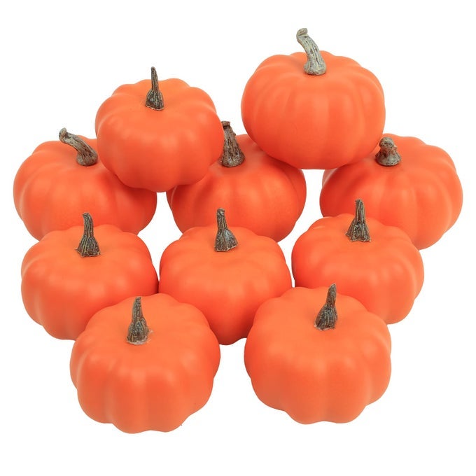 10PCS FAKE PUMPKINS FALL THANKSGIVING DECORATIONSORANGE PLASTIC PUMPKINS HOME DECOR ARTIFICIAL MINI PUMPKIN FOR DECORATING AUTUMN HARVEST OUTDOOR INDOOR FALL DECOR CENTERPIECE TABLE DECORATIONS