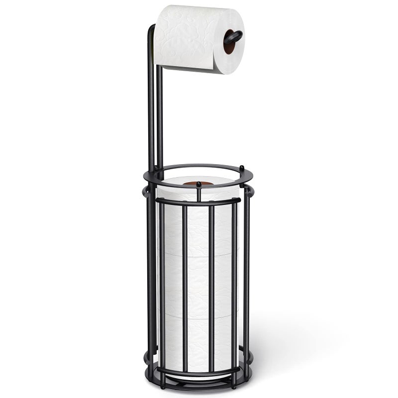 Meangood Toilet Paper Holder Stand and Tissue Paper Roll Dispenser for 4 Mega Rolls Bathroom Free Standing Tissue Roll Storage Holder RackDetachable Black