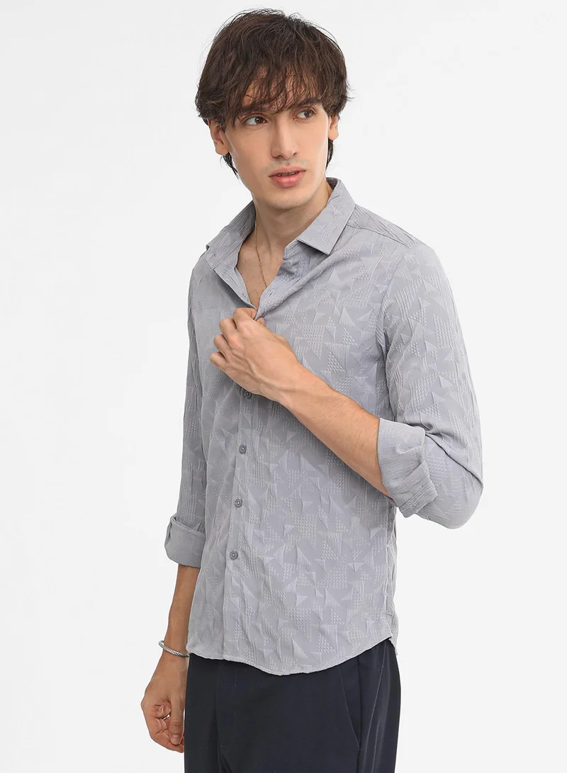 Campus Sutra Men's Ash Grey Geometric-Texture Shirt