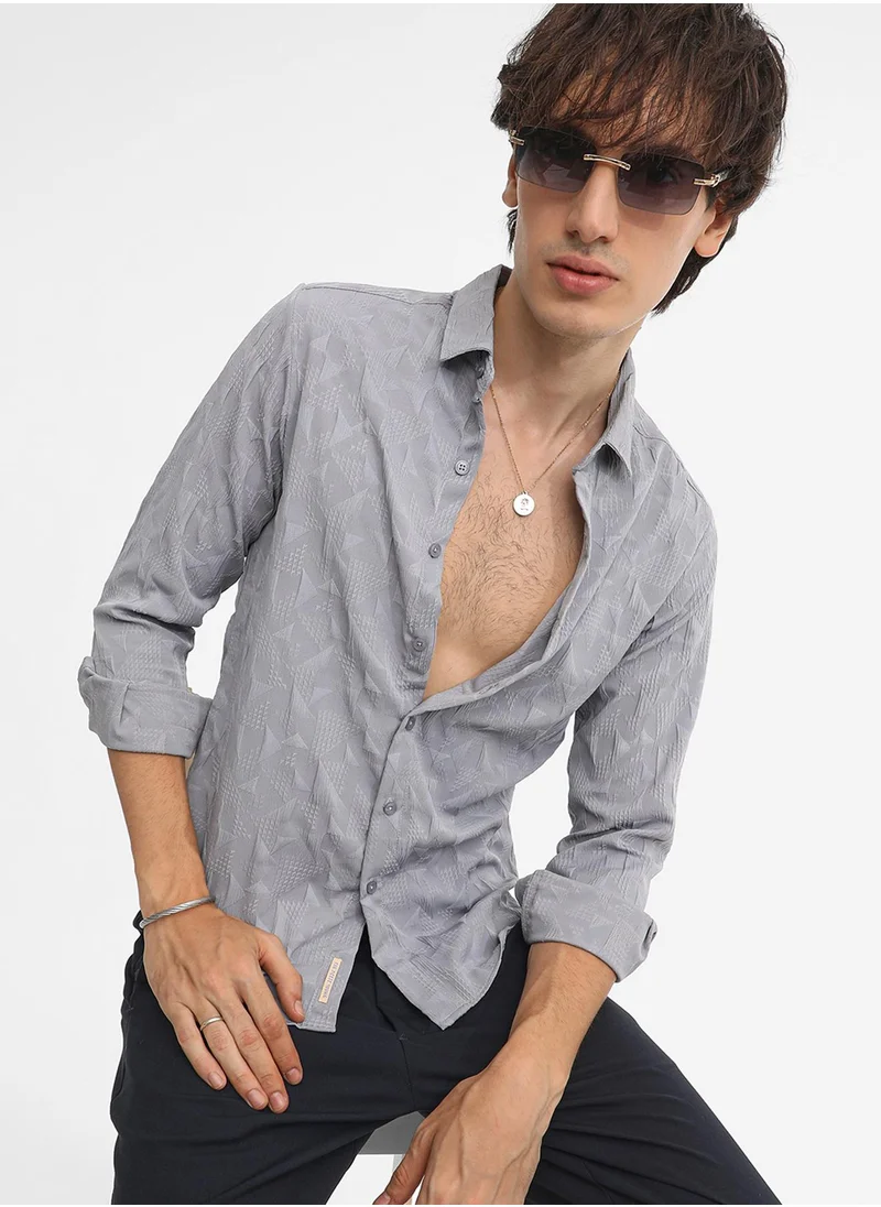 Campus Sutra Men's Ash Grey Geometric-Texture Shirt