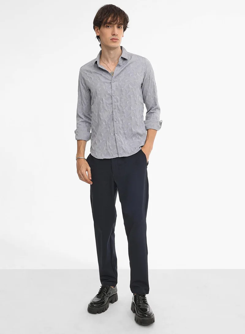Campus Sutra Men's Ash Grey Geometric-Texture Shirt