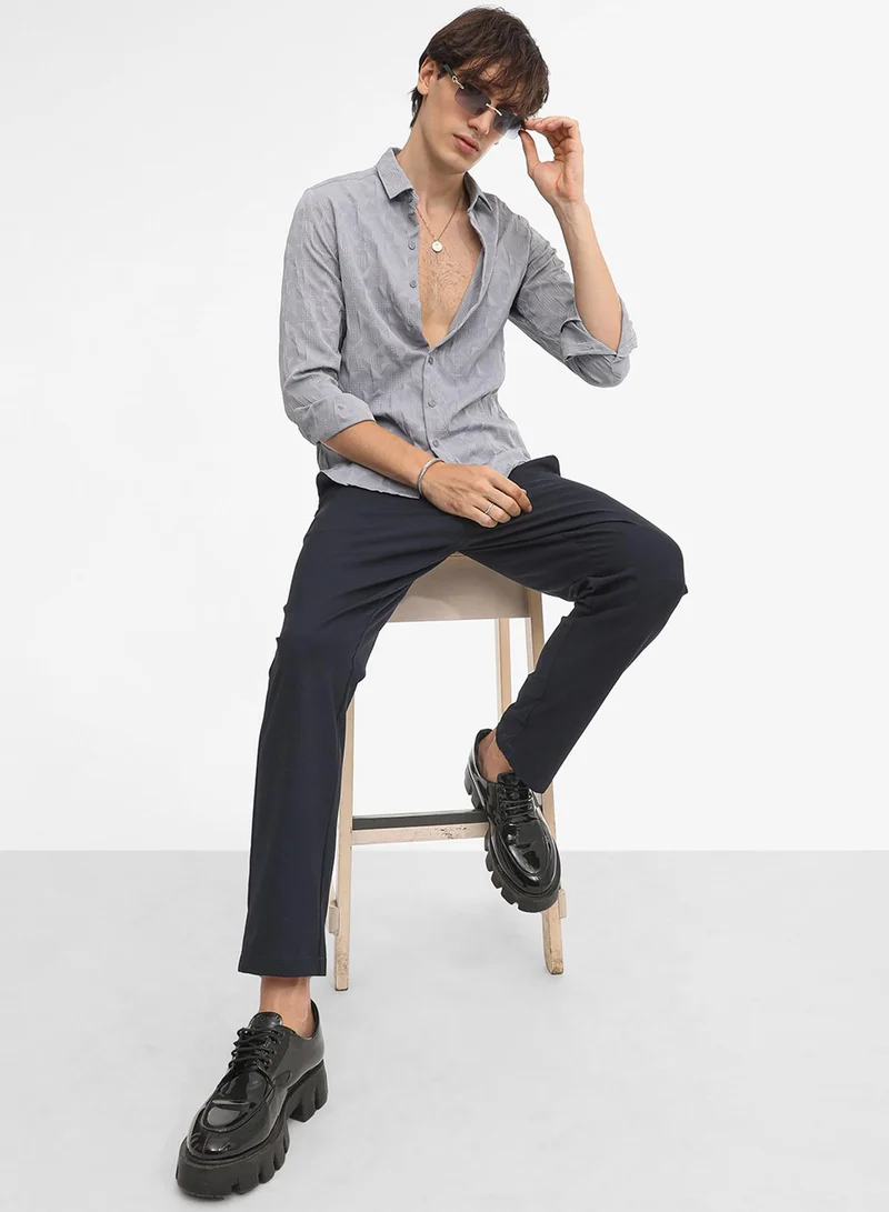 Campus Sutra Men's Ash Grey Geometric-Texture Shirt