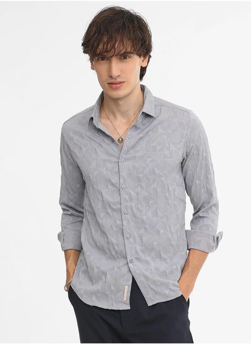 Campus Sutra Men's Ash Grey Geometric-Texture Shirt