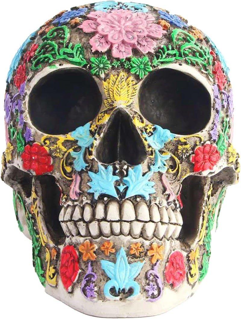Tuzsocr Priority based order prep Carved Skull Design Day of the Dead,Skull with Petal Statue,Sugar Skull Skull,Painted Skull,Resin Skull Halloween Ornaments,for Home,Dining Table,Living Room Gulf market standard build - Image 1