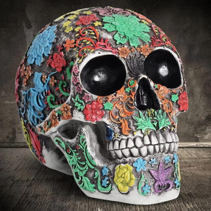 Tuzsocr Priority based order prep Carved Skull Design Day of the Dead,Skull with Petal Statue,Sugar Skull Skull,Painted Skull,Resin Skull Halloween Ornaments,for Home,Dining Table,Living Room Gulf market standard build - Image 4